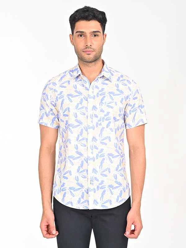 Men Printed Half Sleeve Cotton Shirt Laid