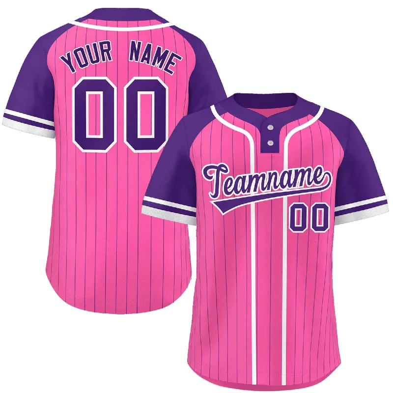 Custom Pink Purple-White Stripe Fashion Raglan Sleeves Authentic Two-Button Baseball Jersey Refined Men's Velvet