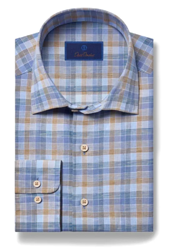 David Donahue Blue & Dune Plaid Linen Shirt Trendy Men's Scandinavian