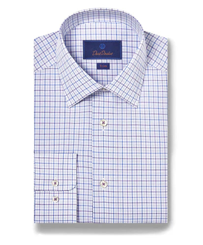 David Donahue Blue & Lilac Poplin Check Dress Shirt (Trim Fit) Casual Men's Japanese 