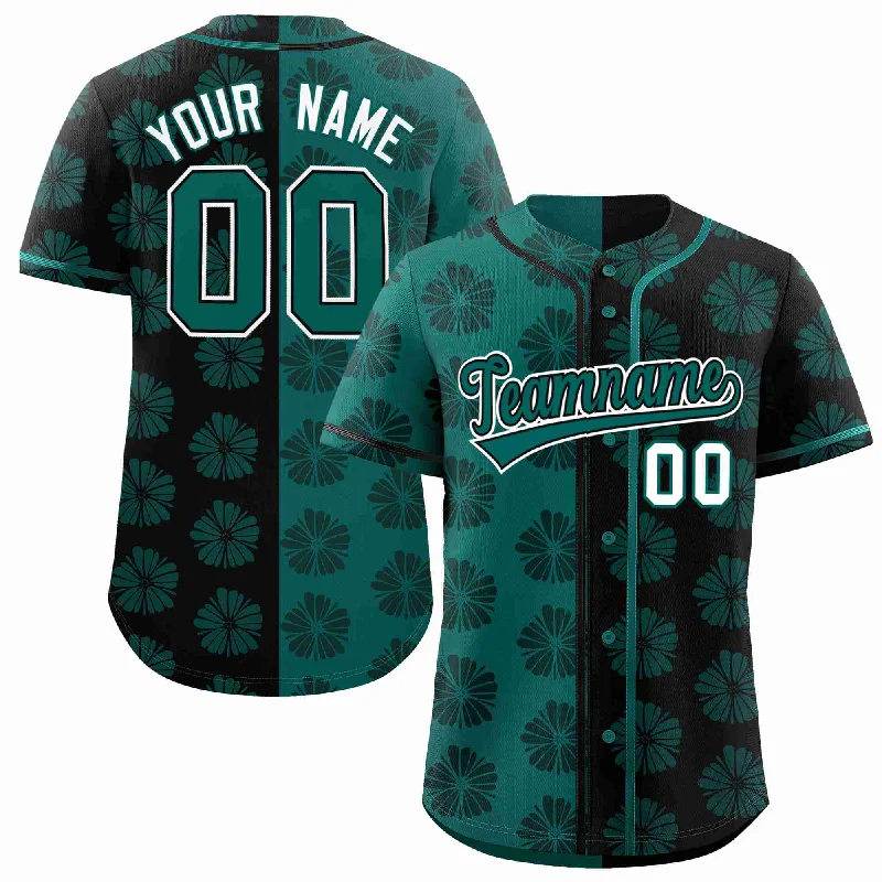 Custom Aqua Black Split Fashion Flower Graffiti Pattern Authentic Baseball Jersey Adventure