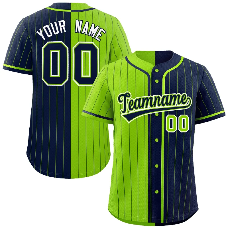 Custom Neon Green Navy Two Tone Striped Fashion Authentic Baseball Jersey Bold Men's Animal