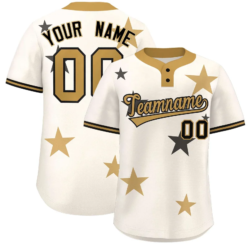 Custom Cream Old Gold Personalized Star Graffiti Pattern Authentic Two-Button Baseball Jersey Sleek Men's Metallic