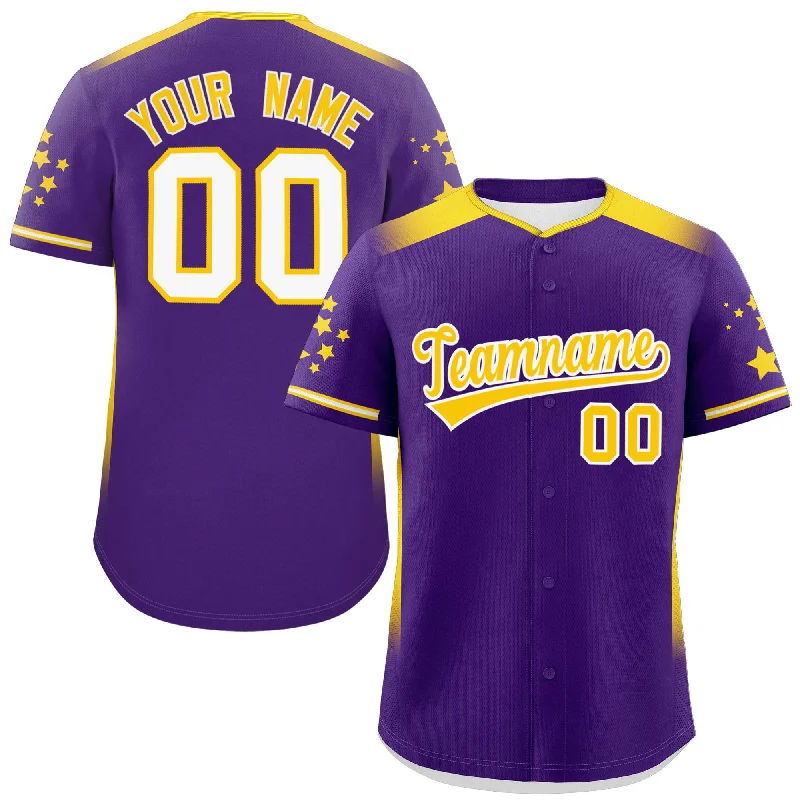 Custom Purple Gold Gradient Side Personalized Star Pattern Authentic Baseball Jersey Business