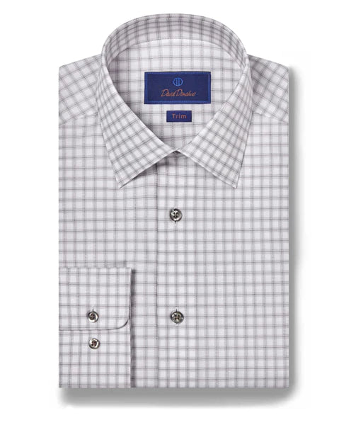 David Donahue White & Pearl Check Dress Shirt (Trim Fit) Masculine Men's 