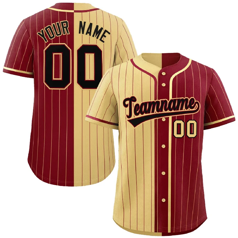 Custom Khaki Crimson Two Tone Striped Fashion Authentic Baseball Jersey Masculine Men's Thick