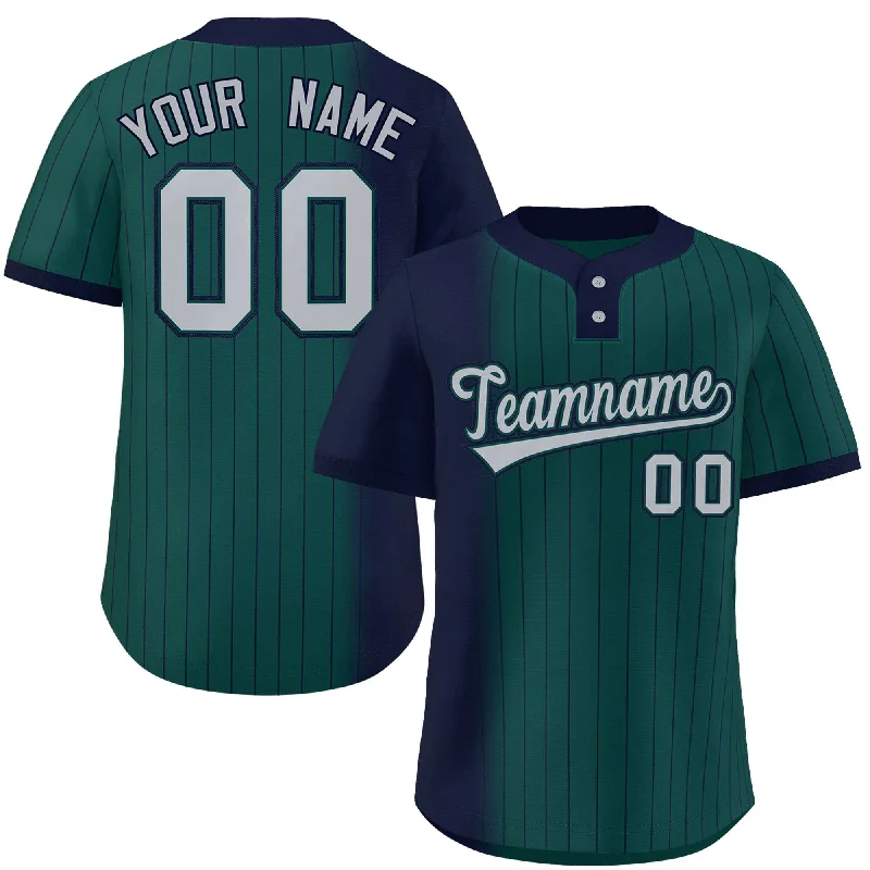 Custom Navy Midnight Green Gradient Stripe Fashion Authentic Two-Button Baseball Jersey Laid