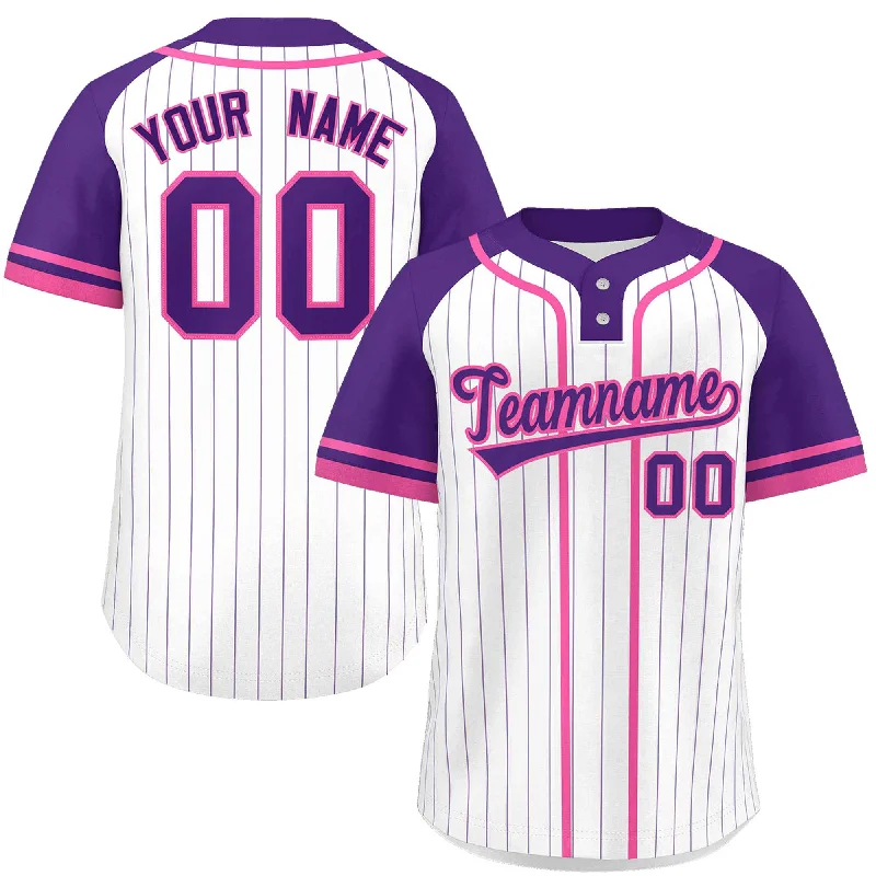 Custom White Purple-Pink Stripe Fashion Raglan Sleeves Authentic Two-Button Baseball Jersey Refined Men's European