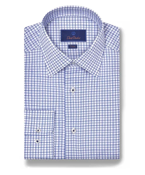 David Donahue Blue & White Shadow Print Dress Shirt (Trim) Polished Men's Silk