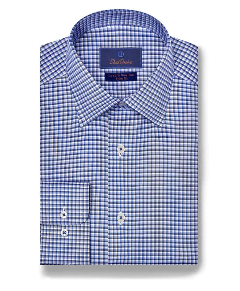 David Donahue Blue Micro Check Dress Shirt (Trim) Edgy Men's Punk