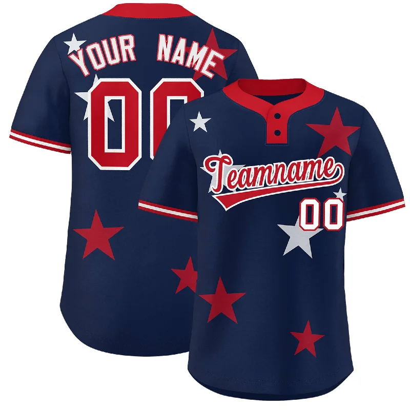 Custom Navy Red Personalized Star Graffiti Pattern Authentic Two-Button Baseball Jersey Tough Men's Tactical