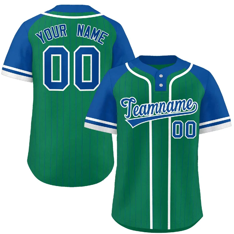 Custom Kelly Green Royal-White Stripe Fashion Raglan Sleeves Authentic Two-Button Baseball Jersey Tailored