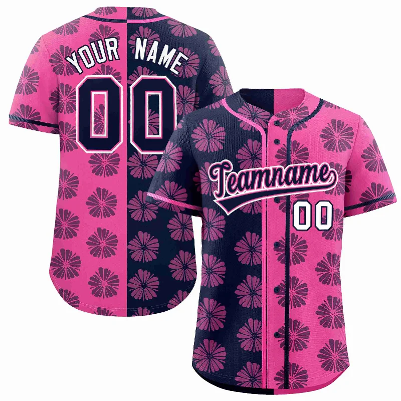 Custom Navy Pink Split Fashion Flower Graffiti Pattern Authentic Baseball Jersey Vintage Men's 1970S Disco