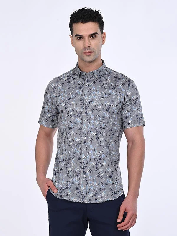 Men Printed Half Sleeve Cotton Stretch Shirt Hip Men's Retro