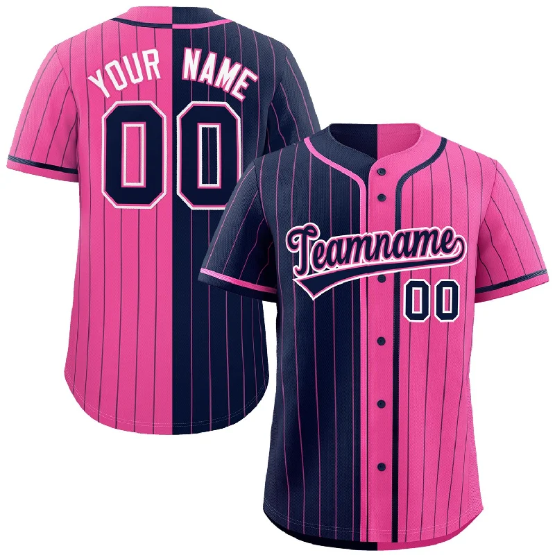 Custom Navy Pink Two Tone Striped Fashion Authentic Baseball Jersey Dapper Men's Bow