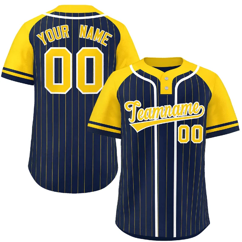 Custom Navy Gold-White Stripe Fashion Raglan Sleeves Authentic Two-Button Baseball Jersey Athletic Men's Compression