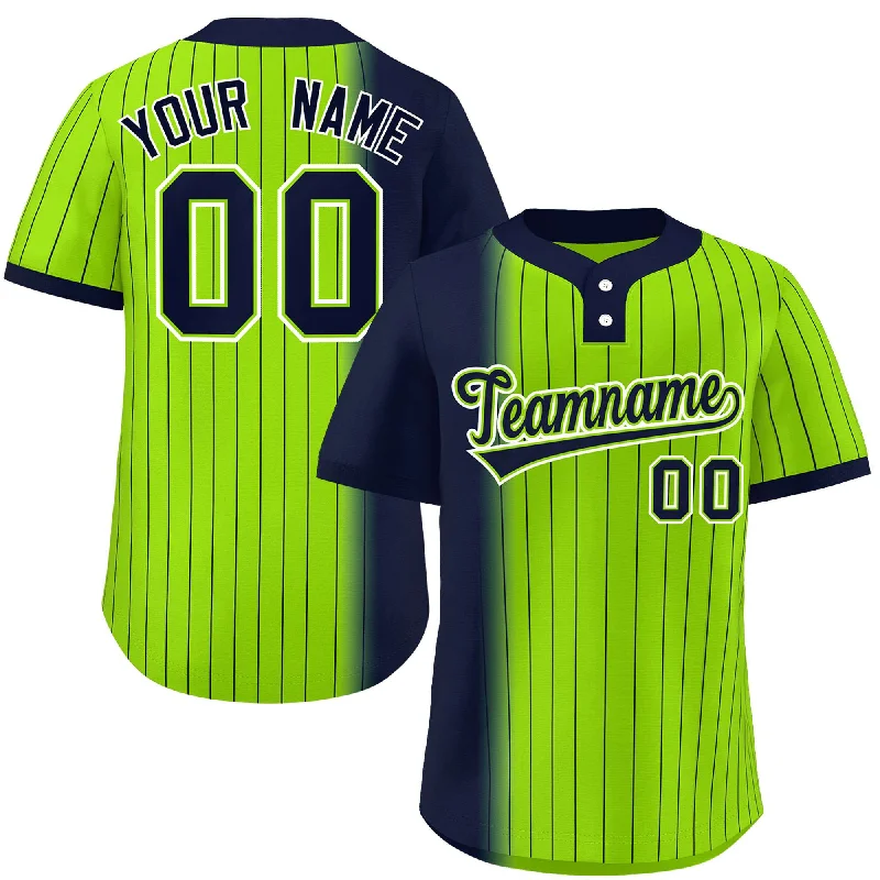 Custom Navy Neon Green Gradient Stripe Fashion Authentic Two-Button Baseball Jersey Business