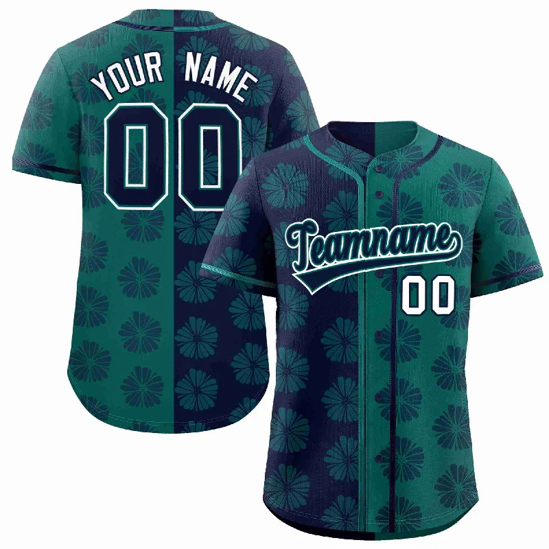 Custom Navy Aqua Split Fashion Flower Graffiti Pattern Authentic Baseball Jersey Modern Men's Tech