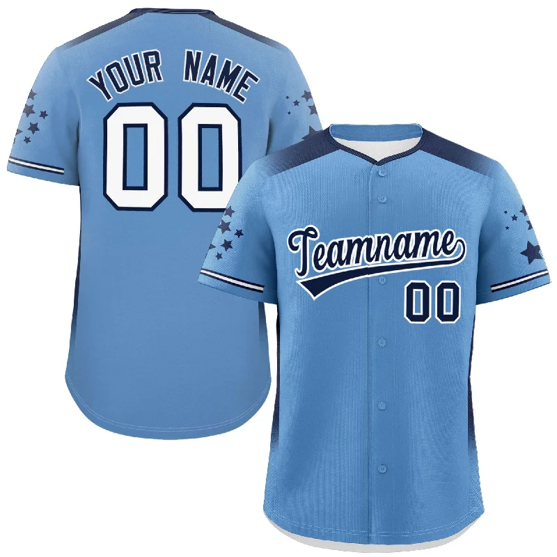 Custom Light Blue Navy Gradient Side Personalized Star Pattern Authentic Baseball Jersey Sharp Men's Italian