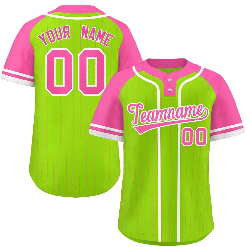 Custom Neon Green Pink-White Stripe Fashion Raglan Sleeves Authentic Two-Button Baseball Jersey Sleek Men's Metallic