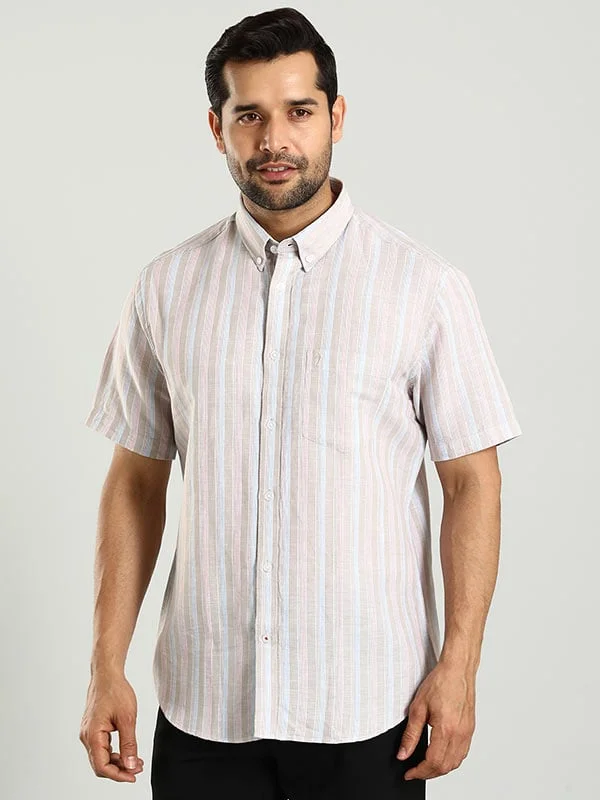 Men Striped Half Sleeve Linen Blend Shirt Athletic Men's Compression