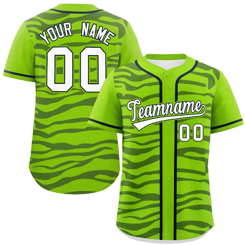 Custom Neon Green Navy Zebra Stripes Graffiti Pattern Authentic Baseball Jersey Cozy Men's Winter