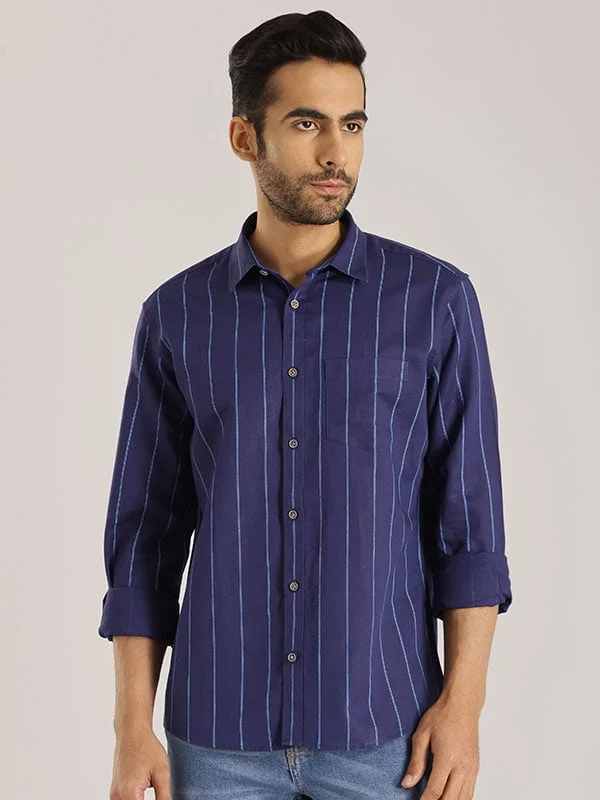 Men Striped Full Sleeve Linen Blend Shirt Beach