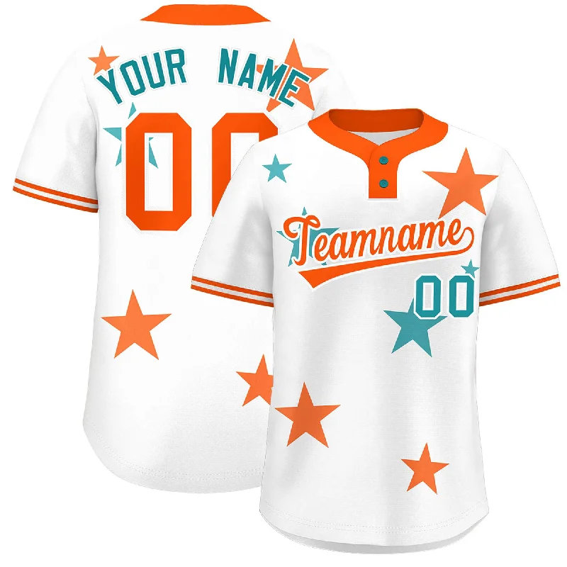 Custom White Orange Personalized Star Graffiti Pattern Authentic Two-Button Baseball Jersey Vacation