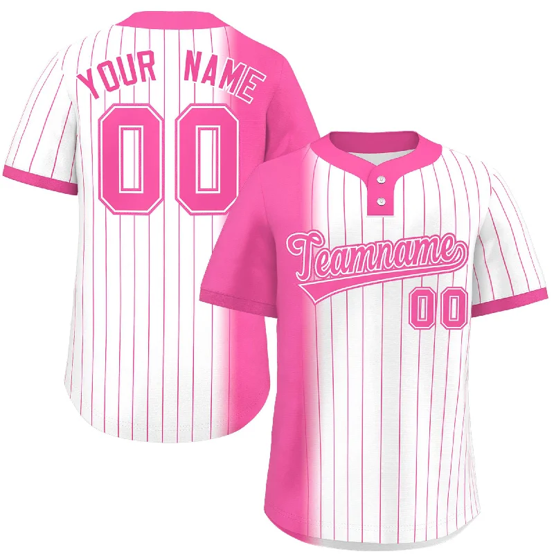 Custom Pink White Gradient Stripe Fashion Authentic Two-Button Baseball Jersey Laid