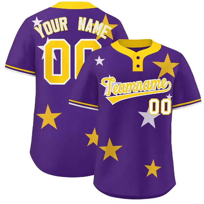 Custom Purple Gold Personalized Star Graffiti Pattern Authentic Two-Button Baseball Jersey Streetwear Style