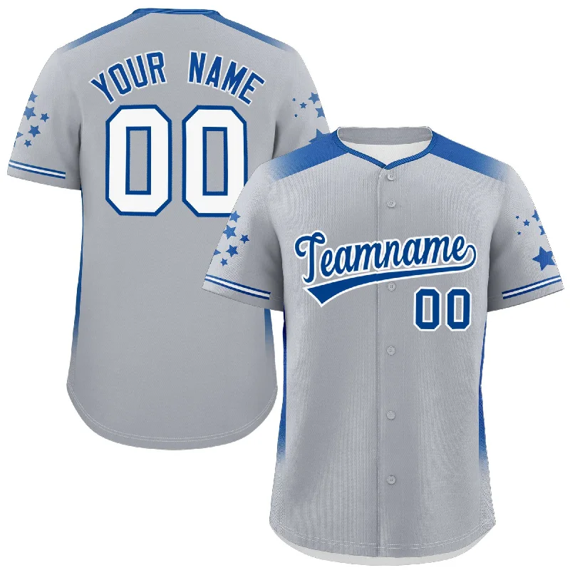 Custom Gray Royal Gradient Side Personalized Star Pattern Authentic Baseball Jersey Dynamic Men's Moto