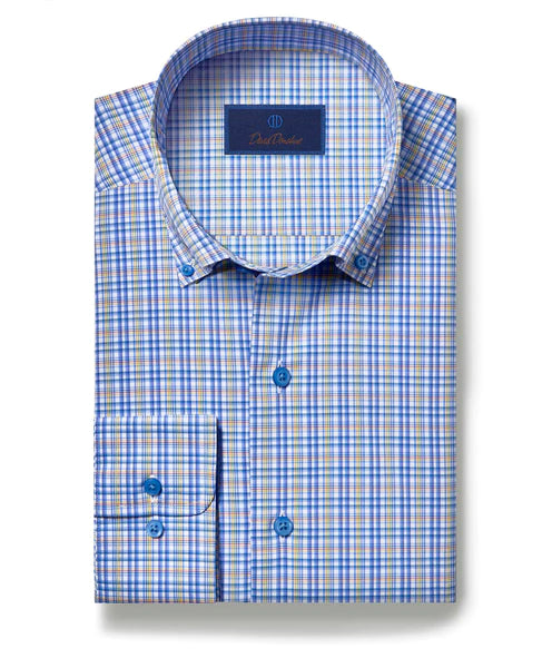 David Donahue Blue & Yellow Check Performance Sport Shirt Refined Men's Velvet