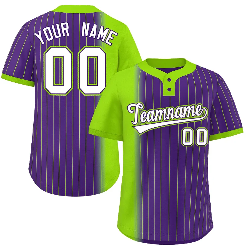 Custom Neon Green Purple Gradient Stripe Fashion Authentic Two-Button Baseball Jersey Elegant Men's Cashmere