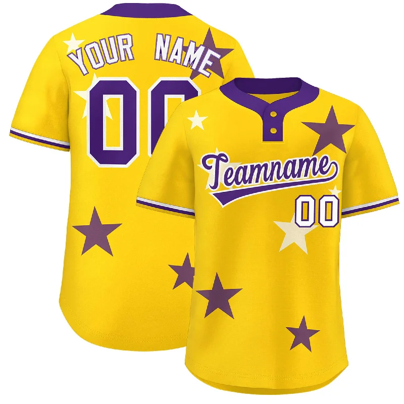 Custom Gold Purple Personalized Star Graffiti Pattern Authentic Two-Button Baseball Jersey Dynamic Men's Glow