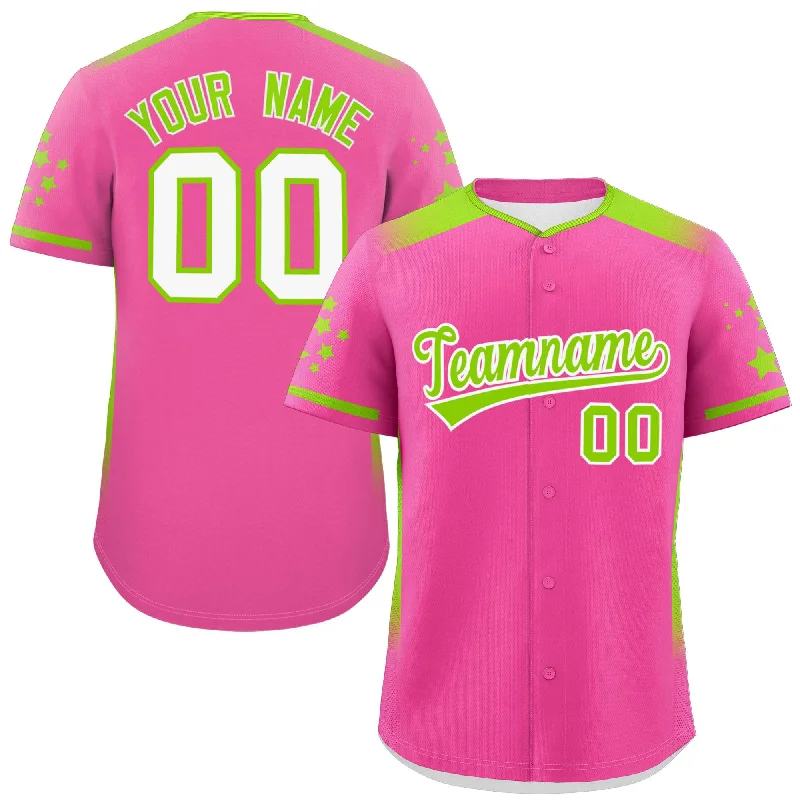 Custom Pink Neon Green Gradient Side Personalized Star Pattern Authentic Baseball Jersey Street