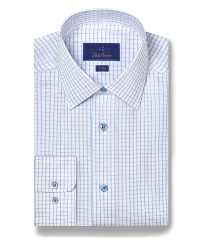 David Donahue White & Blue Grid Check Dress Shirt (Trim Fit) Street