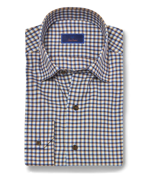 David Donahue Blue & Chocolate Twill Micro Check Shirt Traditional Men's Wool