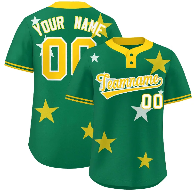 Custom Kelly Green Gold Personalized Star Graffiti Pattern Authentic Two-Button Baseball Jersey Modern Men's Tech