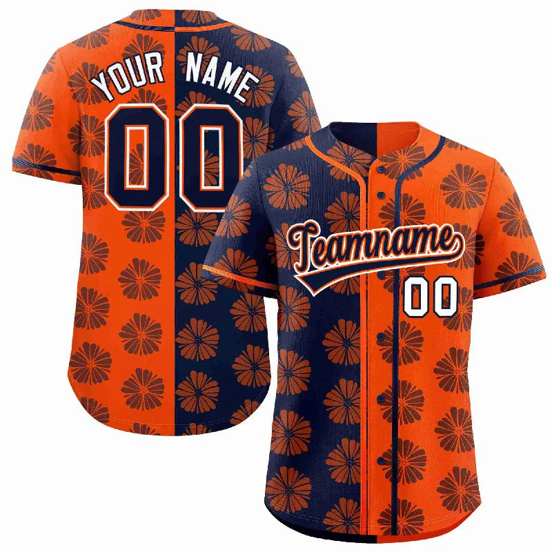 Custom Navy Orange Split Fashion Flower Graffiti Pattern Authentic Baseball Jersey Dynamic Men's Glow