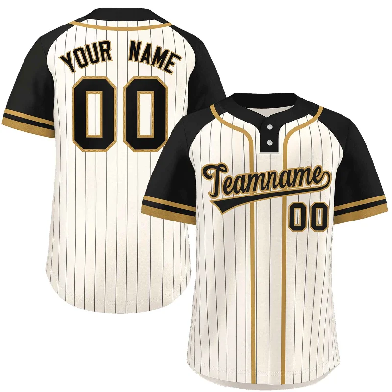 Custom Cream Black-Old Gold Stripe Fashion Raglan Sleeves Authentic Two-Button Baseball Jersey Dynamic Men's High