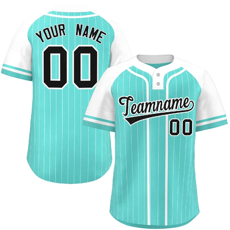 Custom Aqua White Stripe Fashion Raglan Sleeves Authentic Two-Button Baseball Jersey Organic