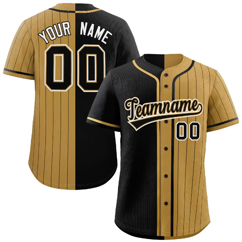 Custom Black Old Gold Stripe-Solid Combo Fashion Authentic Baseball Jersey Polished Men's Satin