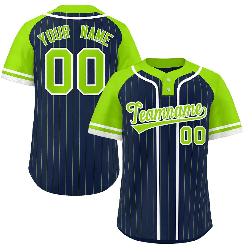 Custom Navy Neon Green-White Stripe Fashion Raglan Sleeves Authentic Two-Button Baseball Jersey Artistic Men's Hand