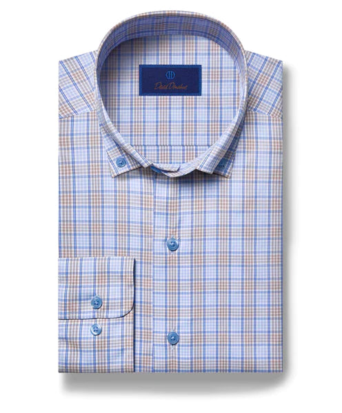 David Donahue Blue & Tan Check Performance Sport Shirt Practical Men's Quick