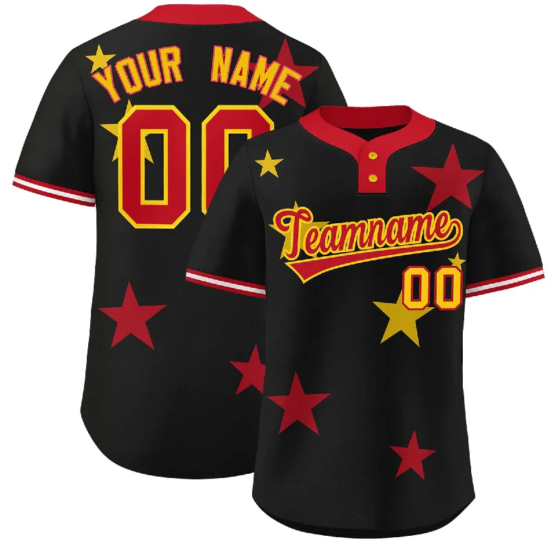 Custom Black Red Personalized Star Graffiti Pattern Authentic Two-Button Baseball Jersey Cool Men's Distressed