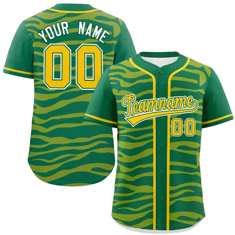 Custom Kelly Green Gold Zebra Stripes Graffiti Pattern Authentic Baseball Jersey Bold Men's Statement