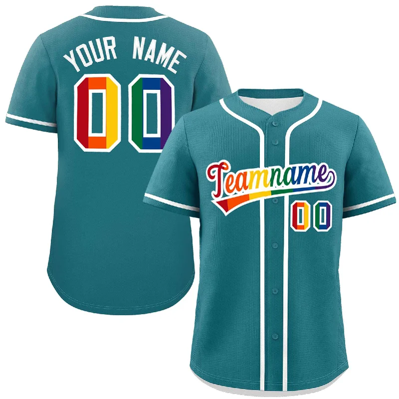 Custom Aqua LGBT Rainbow For Pride Month Classic Style Authentic Baseball Jersey Edgy Men's Punk