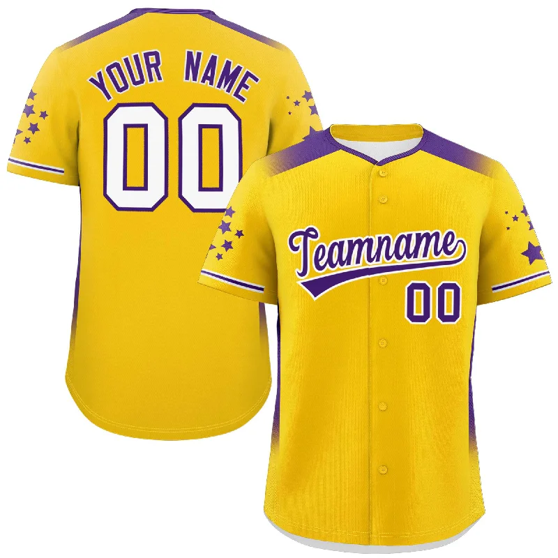 Custom Gold Purple Gradient Side Personalized Star Pattern Authentic Baseball Jersey Monochromatic Office Style