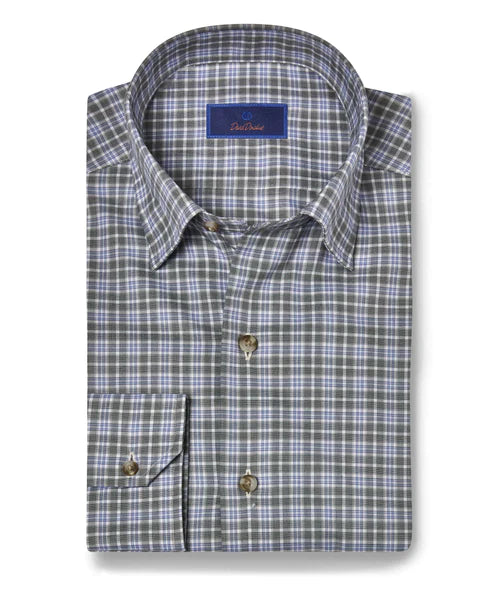 David Donahue Green & Sky Twill Check Shirt Sporty Men's Tennis