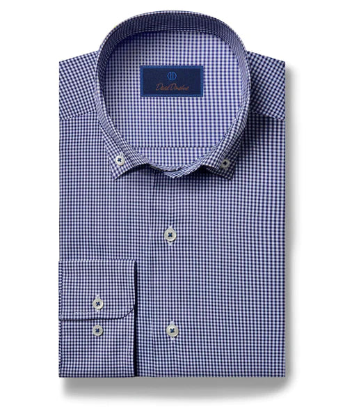 David Donahue Navy Gingham Performance Sport Shirt Relaxed Men's Beach